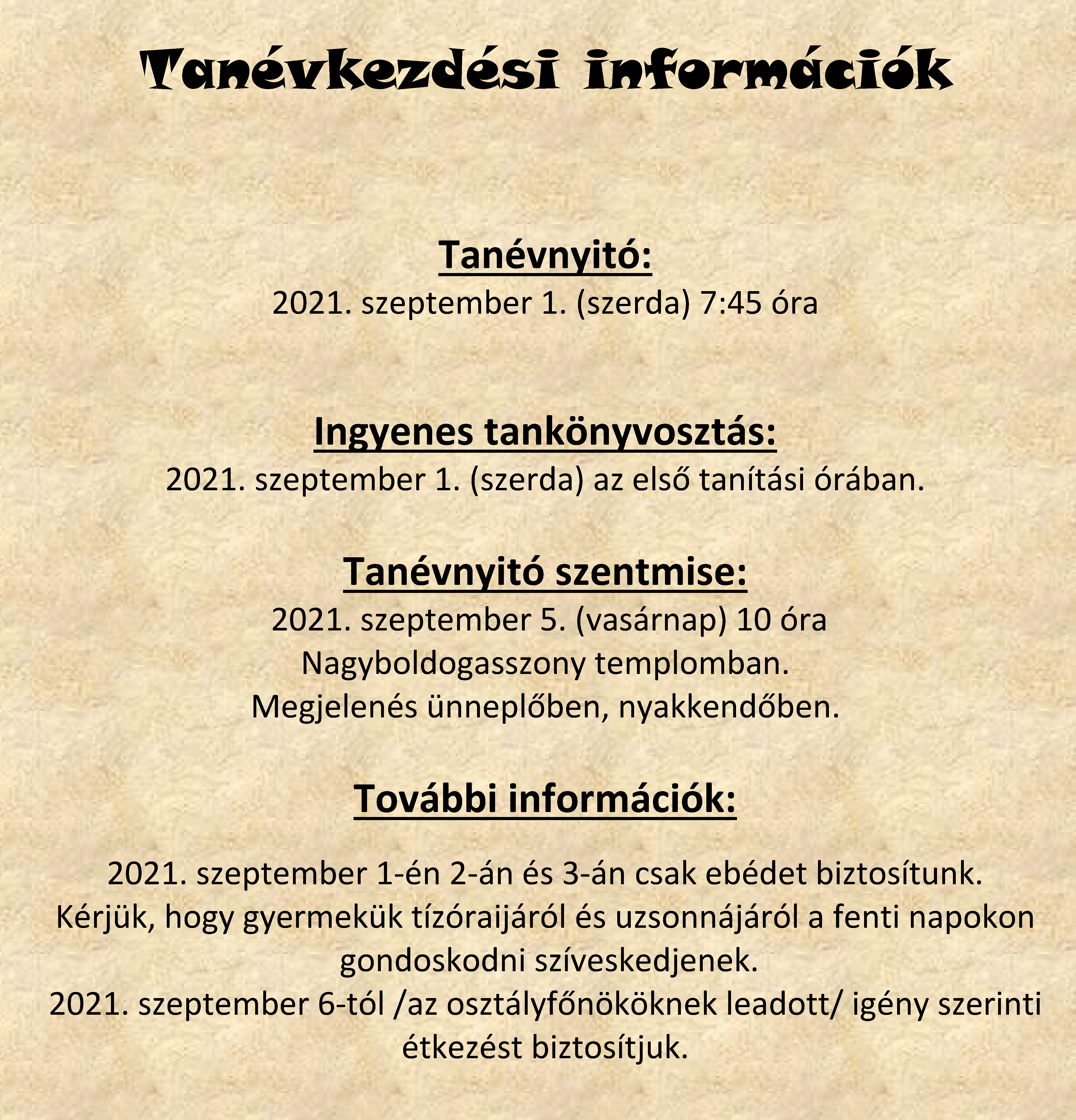 Tanévkezdési információk 2021