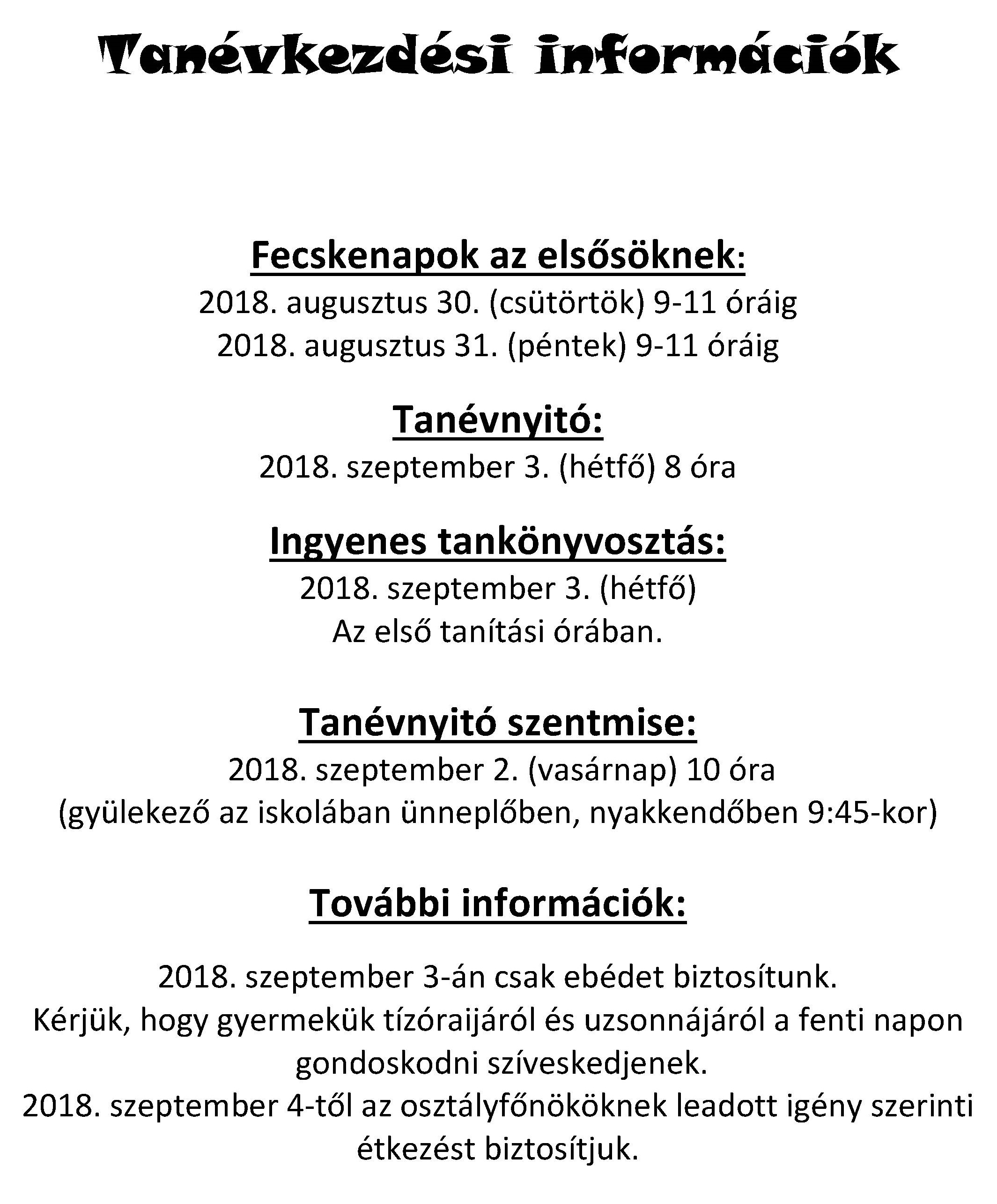 Tanévkezdési információk 2018