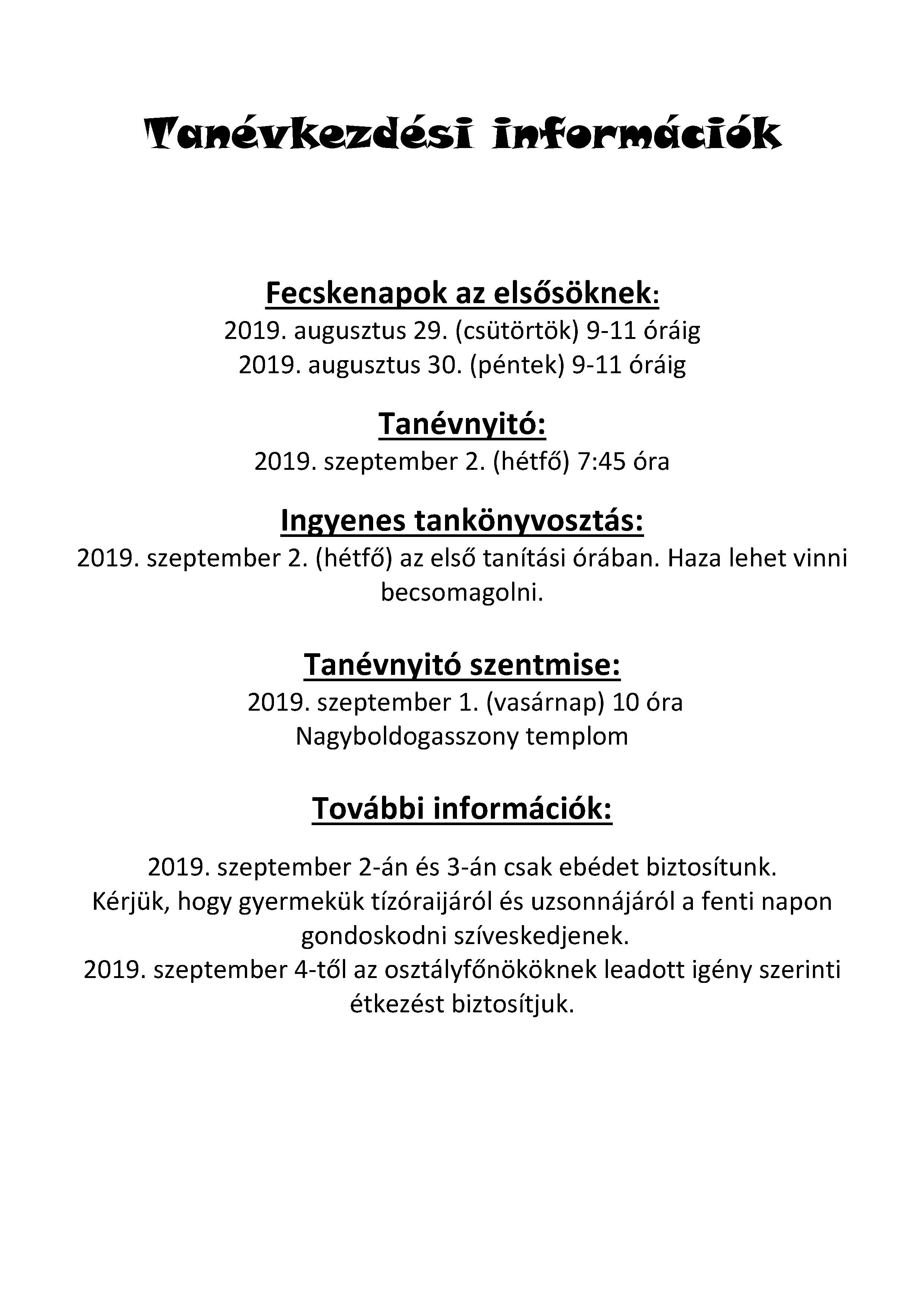 Tanévkezdési információk 2019