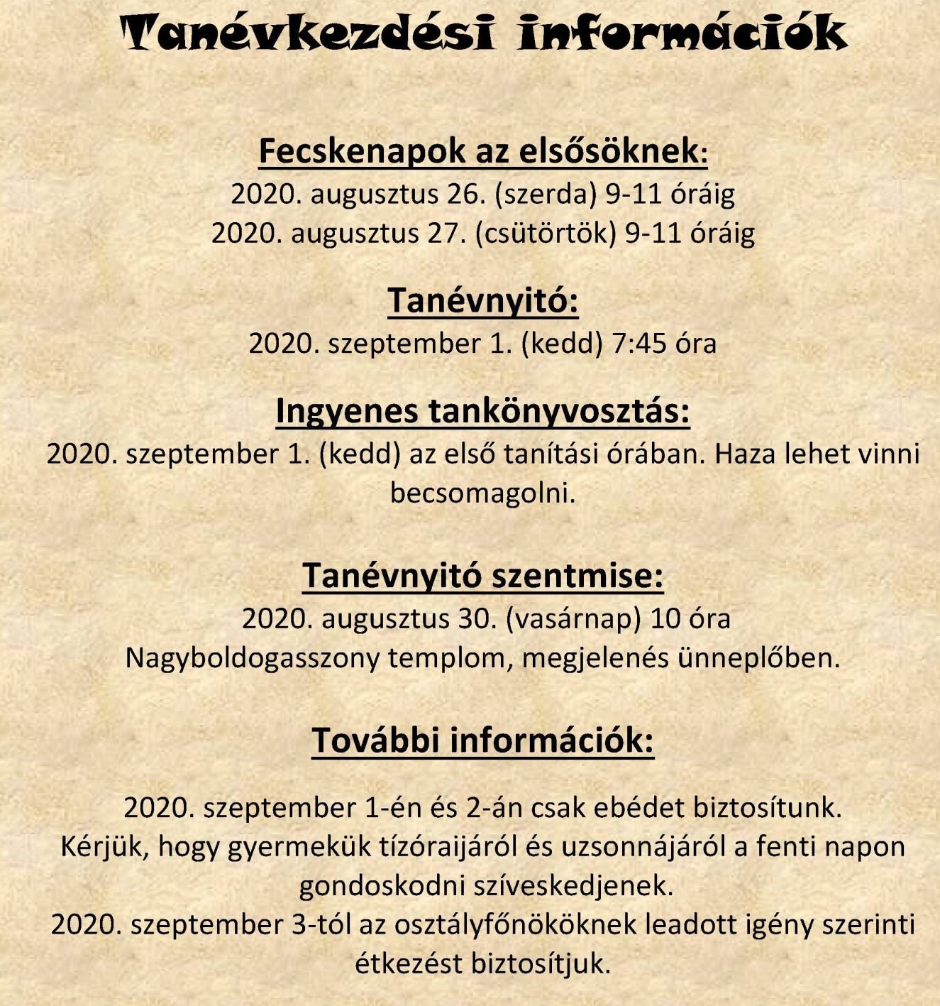 Tanévkezdési információk 2020