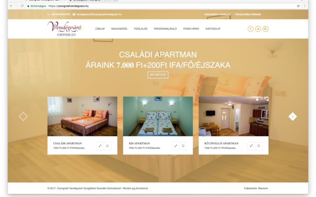 Elkészült a Csongrádi Vendégváró Apartmanok honlapja