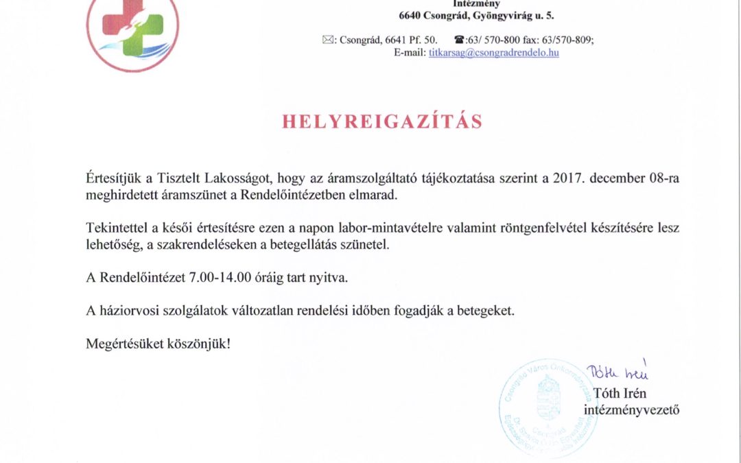 Áramszolgáltató helyreigazítása