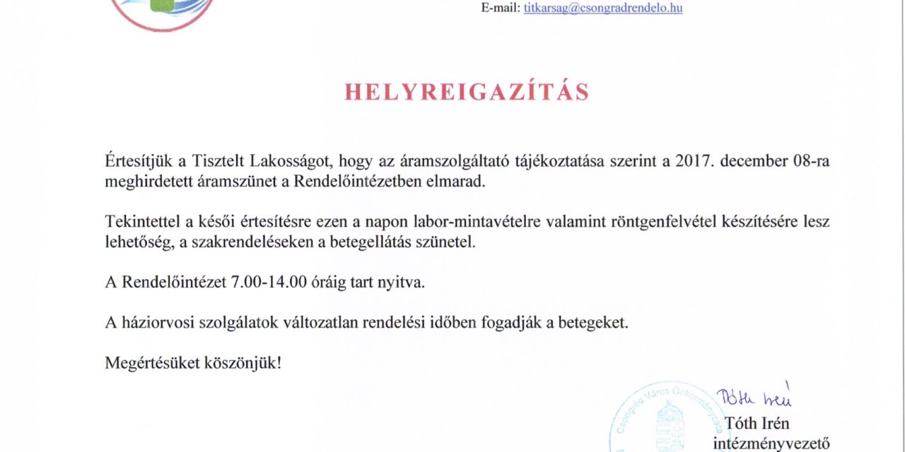Áramszolgáltató helyreigazítása