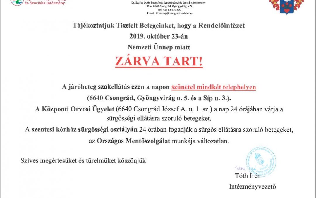 A Rendelőintézet október 23-án zárva tart