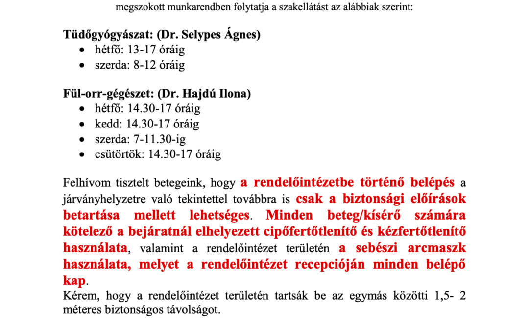 Lakossági tájékoztató-2020.04.27.-től induló szakrendelések