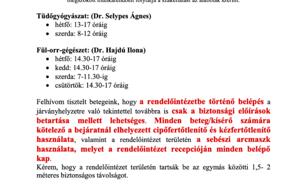 Lakossági tájékoztató-2020.04.27.-től induló szakrendelések