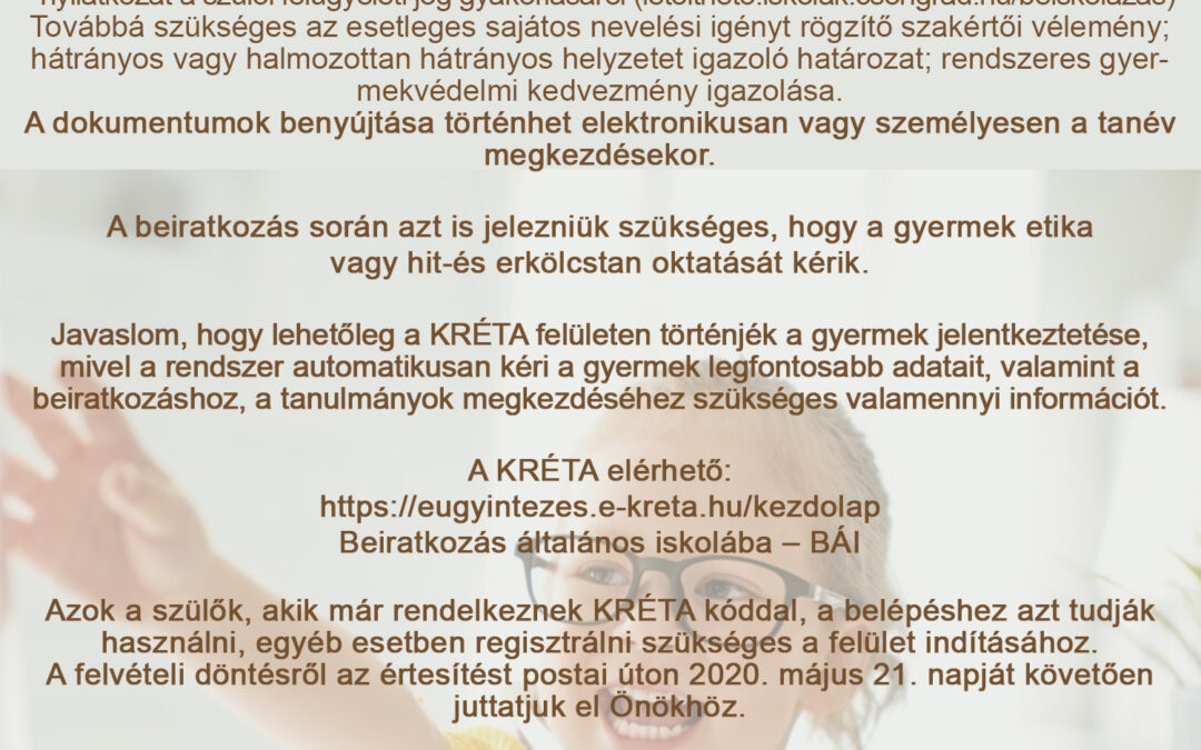 Az állami fenntartású iskolákba történő 1. évfolyamosok beíratása