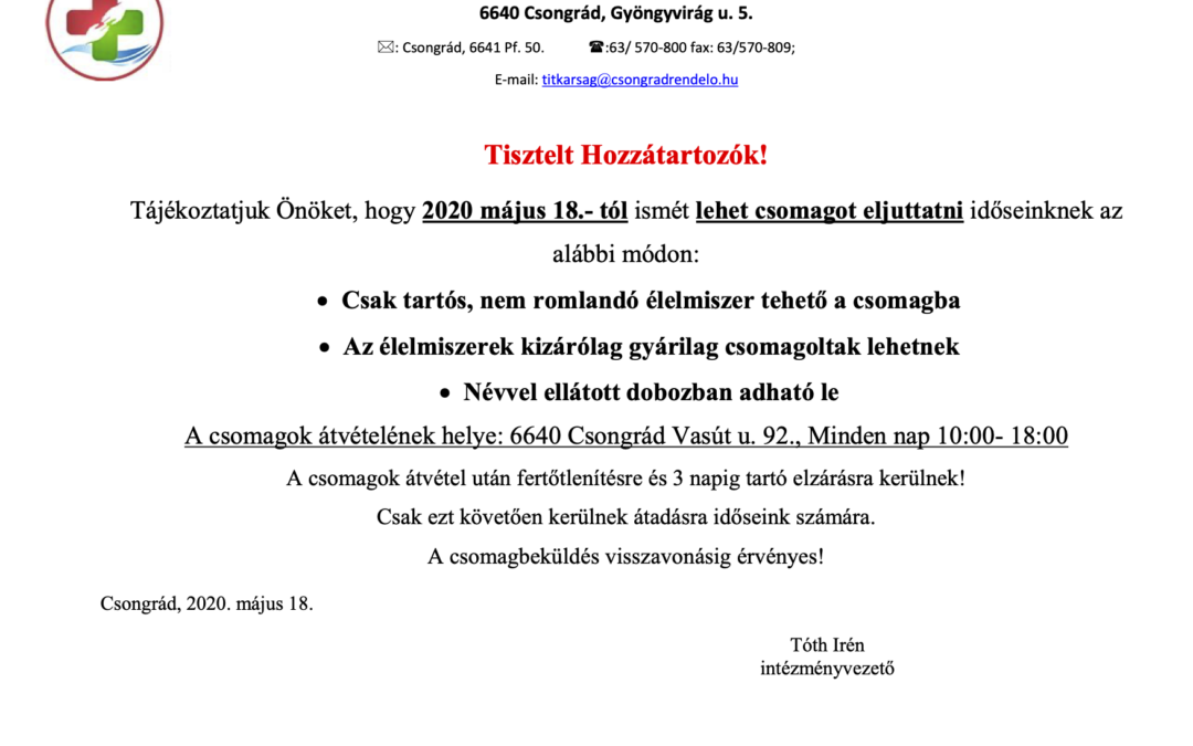 Vasút u. idősek otthonait érintő hozzátartozói csomagleadás módja