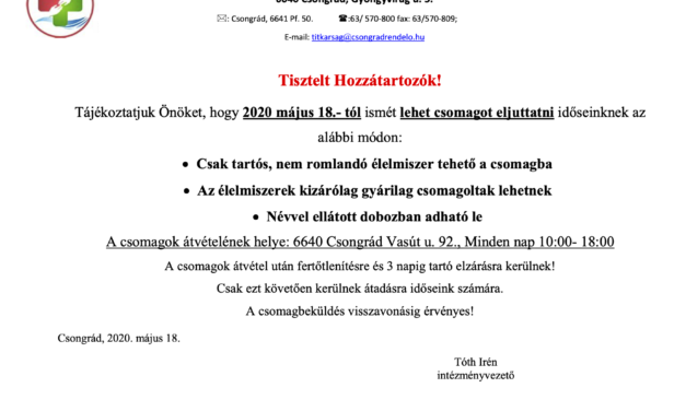 Vasút u. idősek otthonait érintő hozzátartozói csomagleadás módja