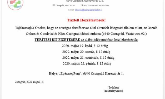 Vasút u. idősek otthonait érintő térítési díjfizetés