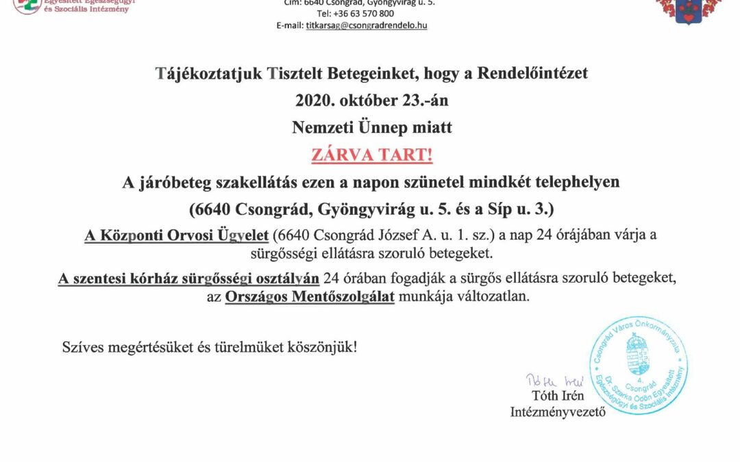 Zárva lesz a Rendelőintézet 2020. október 23-án