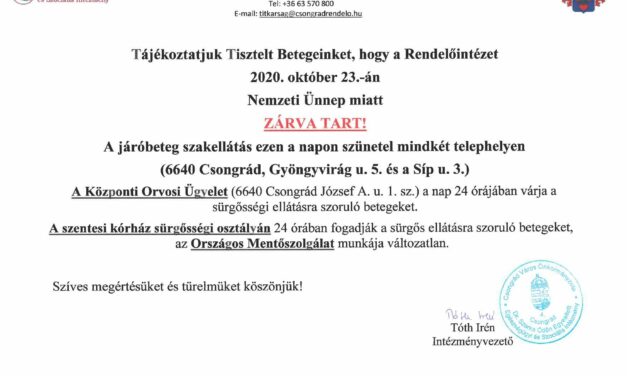 Zárva lesz a Rendelőintézet 2020. október 23-án