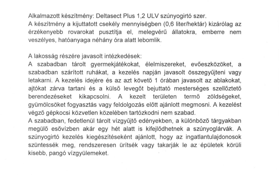 Tájékoztató földi szúnyoggyérítésről!