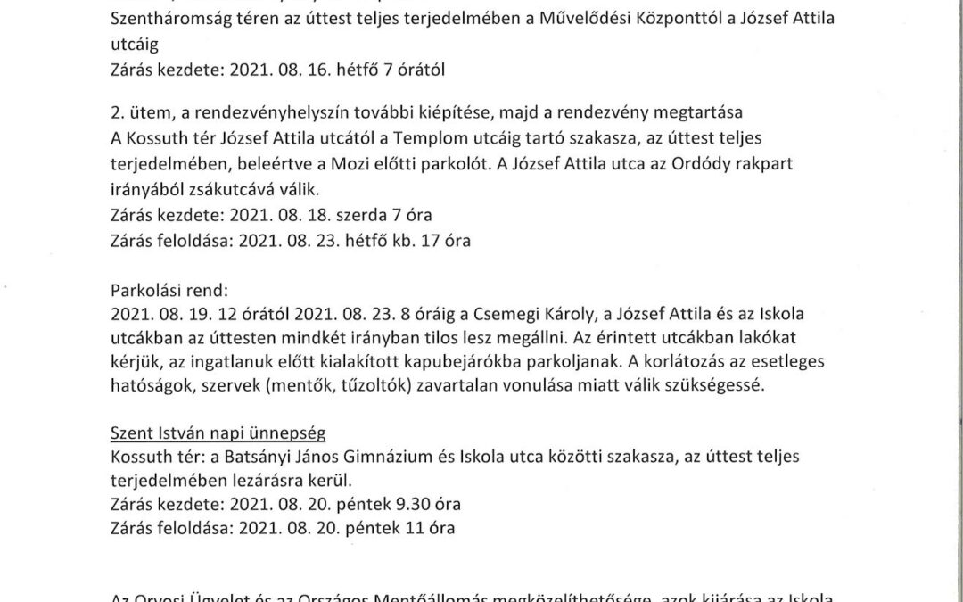 Lakossági tájékoztató, útlezárások, korlátozások