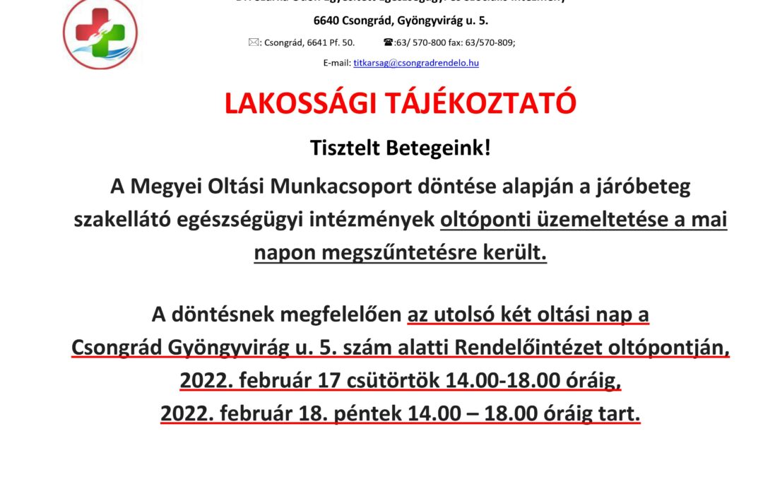Lakossági tájékoztató – a csongrádi Oltópont megszűnése