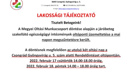 Lakossági tájékoztató – a csongrádi Oltópont megszűnése
