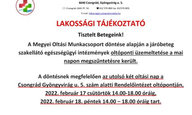 Lakossági tájékoztató – a csongrádi Oltópont megszűnése