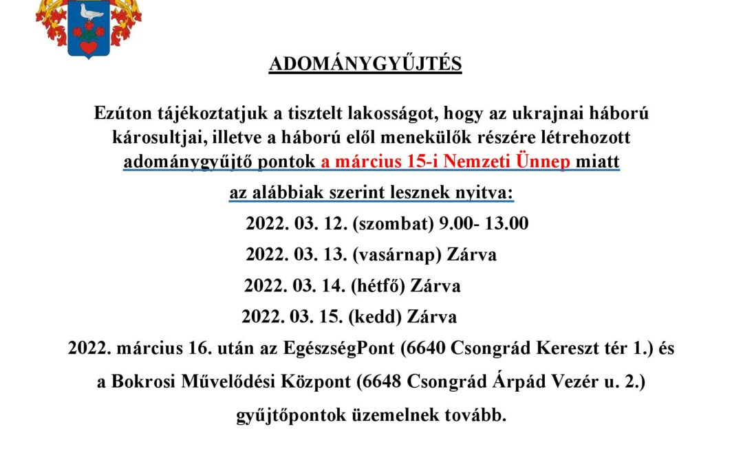 Rendelőintézet és adománygyűjtő pontok ünnepi nyitvatartási rendje