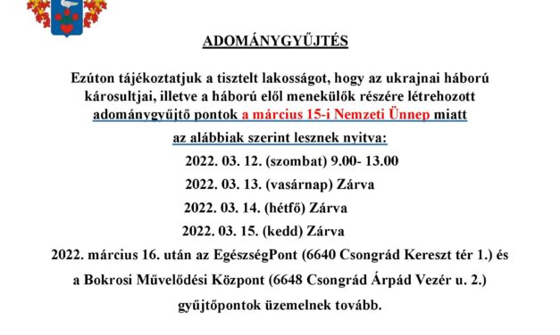 Rendelőintézet és adománygyűjtő pontok ünnepi nyitvatartási rendje