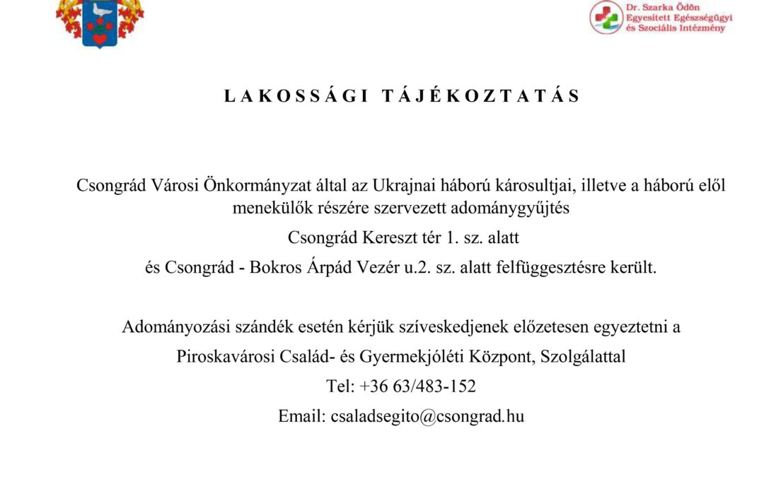Adománygyűjtő pontok felfüggesztése