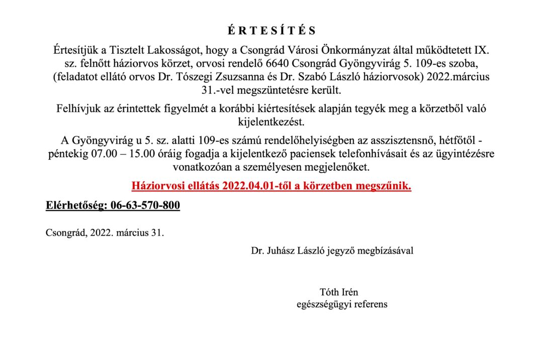 IX. sz. háziorvosi körzet megszűnéséről