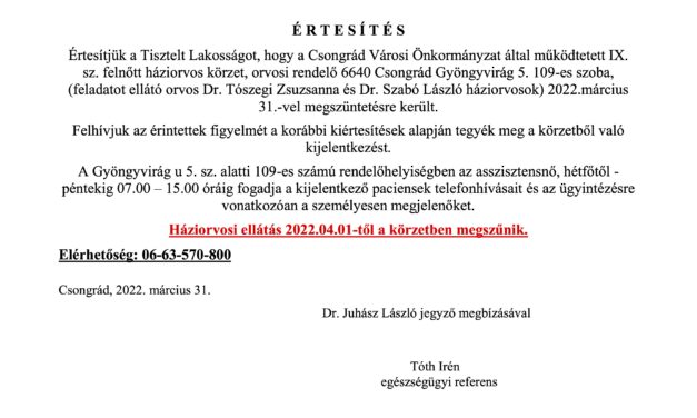 IX. sz. háziorvosi körzet megszűnéséről