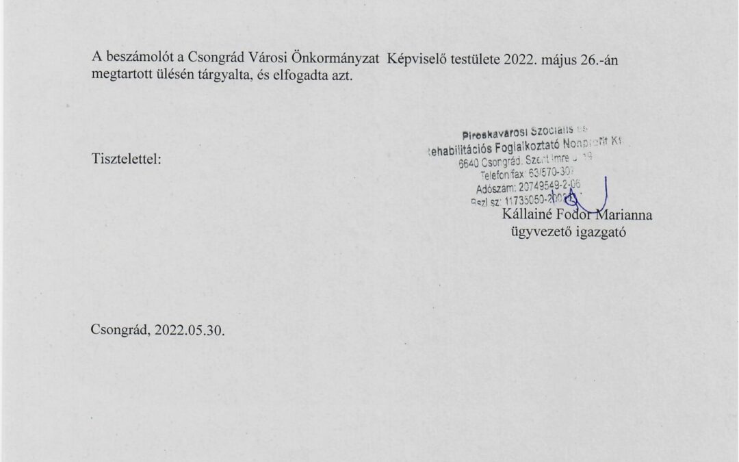 Kézenfogva Piroskavárosban Közérdekű Nyugdíjas Szövetkezet és a Piroskavárosi Szociális és Rehabilitációs Foglalkoztató Nonprofit Kft. 2021 évi beszámolója