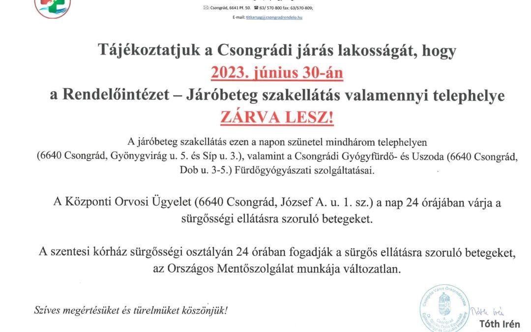 Járóbeteg szakellátó telephelyek zárva lesznek