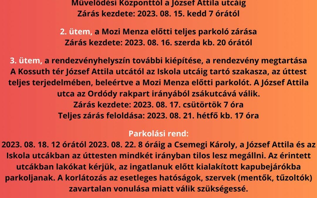 Útlezárások – korlátozások 2023. 08. 15-21. között
