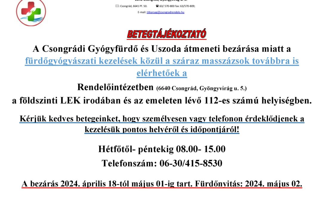 Fürdőbezárás- Fürdőgyógyászati kezelések