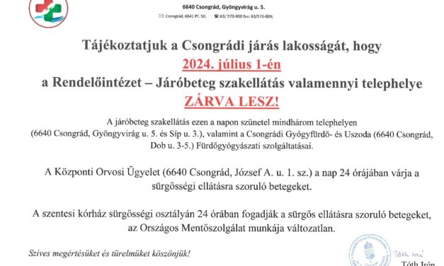 Lakossági tájékoztató rendelőintézet zárva tartásáról