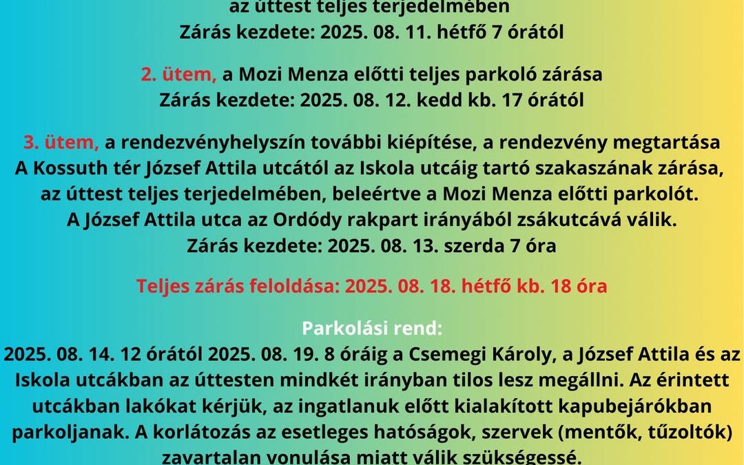 Útlezárások és parkolási rend a 27. Csongrádi Borfesztivál idején