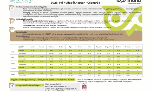 2026. évi hulladékgyűjtési naptár